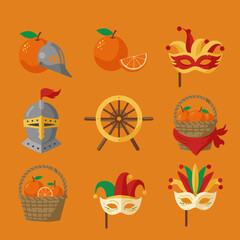 Citrus-themed carnival elements with oranges and masks on orange background  