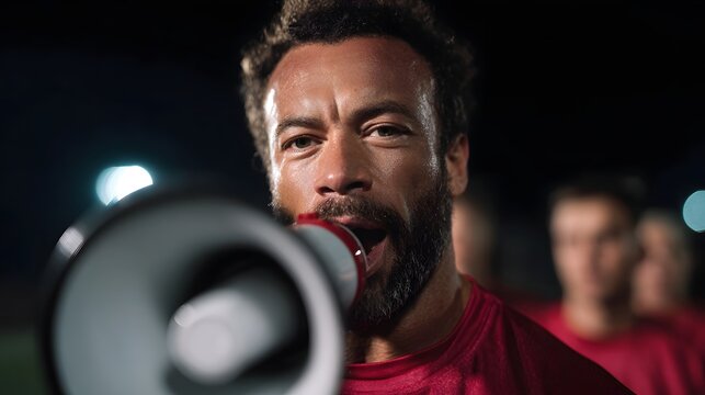 Passionate coach using megaphone during team training session