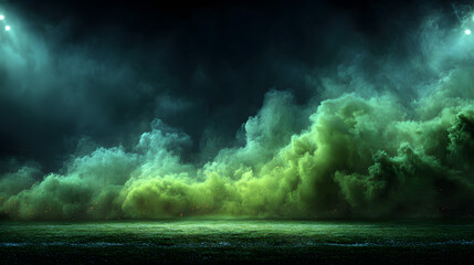 Smoke green background dark ground light smell of toxic black bad fog stadium stink mist. Background green grass smoke cloud fart soccer night field dust poison potion floating sport transparent dirty