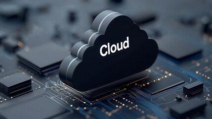 Conceptual cloud computing: A stylized cloud icon rests on a circuit board, illustrating the digital infrastructure of cloud technology.