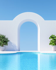 Fototapeta premium A minimalist and modern architectural composition featuring a white archway, a clear blue swimming pool, and a serene sky. The clean lines and tranquil colors create a sense of peace and sophisticated