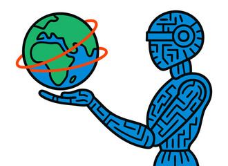 Robot holding earth with global reach. World, planet in hand. AI technology, global web security, e commerce vector illustration. Artificial intelligence controlling Earth. Future of world
