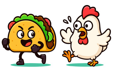 Taco and chicken showdown. Funny food, cartoon animal. Vector fast food illustration. Tortilla, comic rooster isolated on white background