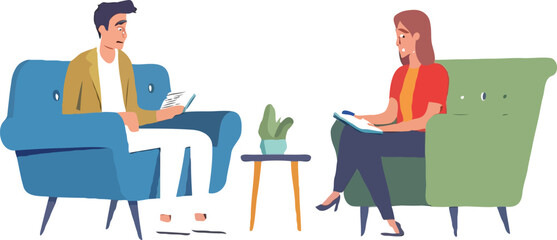 Therapy Session Illustration with Patient and Therapist in Comfortable Armchairs Surrounded by Professionalism and Support
