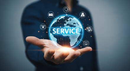 Global Service Network Connecting the World with Digital Solutions and Customer Support, Featuring a Businessman Presenting a Holographic Earth with Service Icons