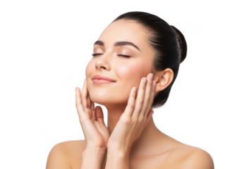 Beautiful young woman with closed eyes touching her face, enjoying skincare, isolated on transparent background