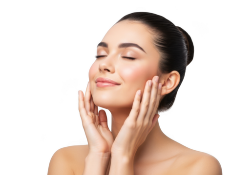 Beautiful young woman with closed eyes touching her face, enjoying skincare, isolated on transparent background