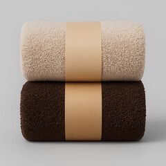 Stack of soft rolled towels in beige and brown colors with paper label wrap on clean white background for spa and bath essentials