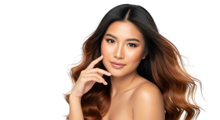 Fototapeta premium Attractive young asian woman with long wavy hair and flawless skin, touching her face, isolated on transparent background