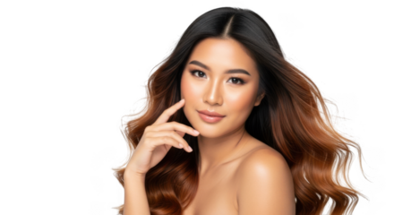 Attractive young asian woman with long wavy hair and flawless skin, touching her face, isolated on transparent background
