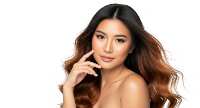 Attractive young asian woman with long wavy hair and flawless skin, touching her face, isolated on transparent background