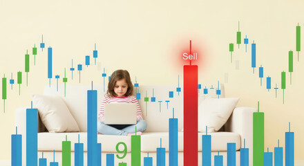A Young Girl Engaged in Stock Trading on a Laptop, Surrounded by Dynamic Stock Market Charts, Illustrating Early Financial Education and Investment Opportunities