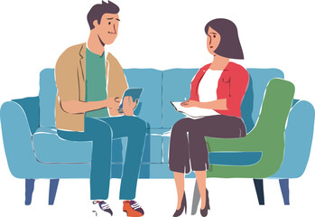 Therapy Session Man and Woman Discussing Issues on Couch Professional Consultation or Interview Conversation with Notes and Tablets