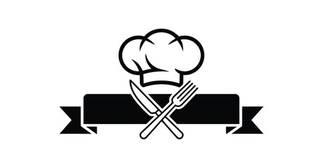 black and white chef logo featuring a hat above crossed fork and knife, with blank ribbon banner symbolizing culinary branding and service