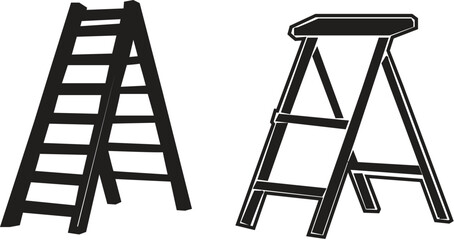 Versatile Ladder Illustrations Step Ladder, A-Frame Ladder, Extension Ladder Icons - Perfect for Construction, Home Improvement, Silhoutee vector.
