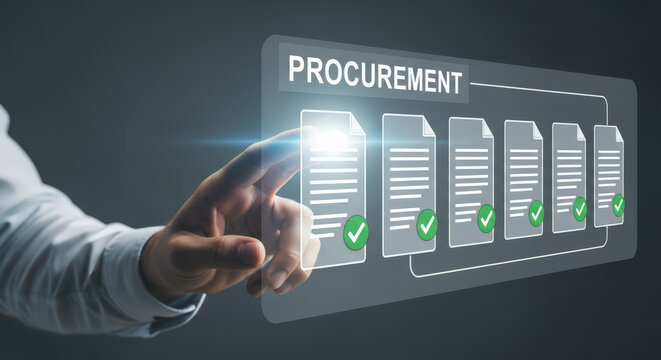 Digital Procurement Process Automation Concept with Hand Touching Virtual Screen Displaying Documents and Green Checkmarks for Efficient Supply Chain Management