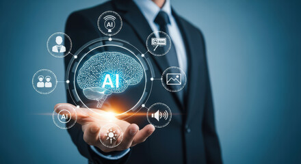 Artificial Intelligence Integration in Business A Businessman Presenting AI Technology with Holographic Brain and Connected Icons for Innovation and Automation
