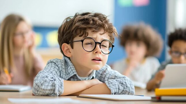 Thoughtful Schoolboy With Glasses Deep in Imagination During Classroom Learning Activity