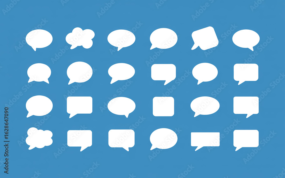 Poster a set of 20 white speech bubble icons arranged in three rows against a solid blue background.
