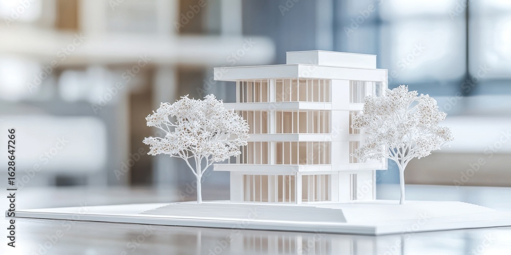 Aufkleber a minimalist architectural model of a modern building surrounded by stylized trees, emphasizing clea