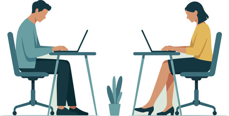 Modern People Working on Laptops Featuring Office Desks and Plant in a Minimal Setting
