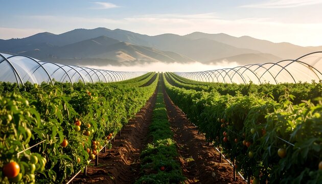 Tomato Plants Growing in Greenhouse Rows at Sunrise