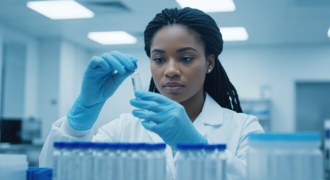 Young african american female scientist wearing lab coat and gloves carefully examining a sample in a test tube in a modern laboratory, focused on her research
