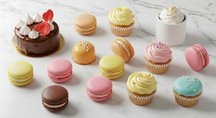 Assorted pastries and treats including macarons cupcakes and a small cake on a marble textured surface