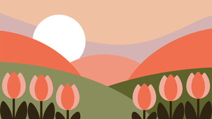 Cheerful Tulips in a Minimalist Landscape Featuring Rolling Hills and a Rising Sun
