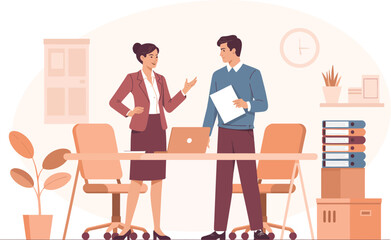 Positive Colleagues Discussing Business Featuring Laptop and Documents in Office
