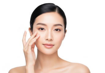 Beautiful young asian woman with perfect skin touching her face, isolated on transparent background