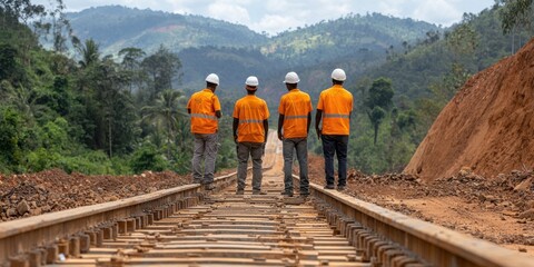 Engineer civil research Concept. Construction workers inspecting a railway track surrounded by lush hills and trees.