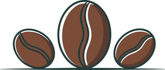 Stylized Presentation of Three Brown Coffee Beans with Leaves Isolated on Transparent