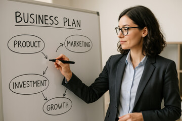 Woman writing business plan on whiteboard.