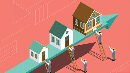 Growing Real Estate Market Featuring Workers on Ladders and Houses on an Arrow