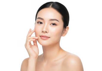 Beautiful young asian woman with perfect skin touching her cheek, isolated on transparent background