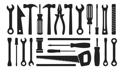 Collection of silhouetted hand tools wrench hammer