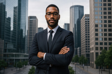 Fototapeta premium A man in a suit and tie standing in front of a cityscape.