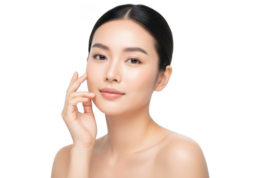 Beautiful young asian woman with perfect skin touching her cheek, isolated on transparent background
