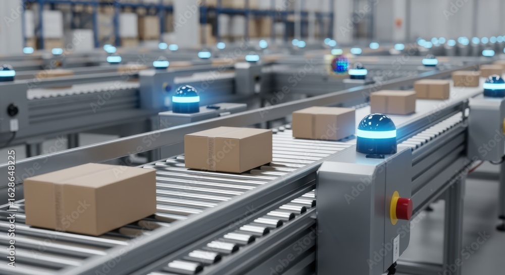 Aufkleber cardboard boxes moving seamlessly along conveyor belts in an automated warehouse, enhancing efficien