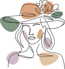 Elegant Line Drawing of a Woman with Hat and Floral Decoration, Isolated
