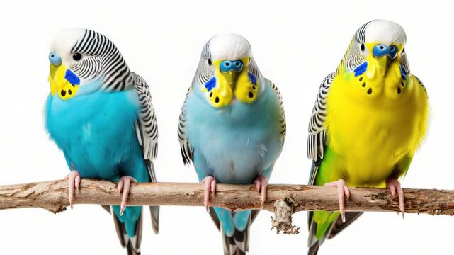 Three colorful parakeets perched together on a branch, great for nature or pet-themed images