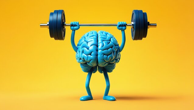Blue brain figure lifts barbell - Powered by Adobe