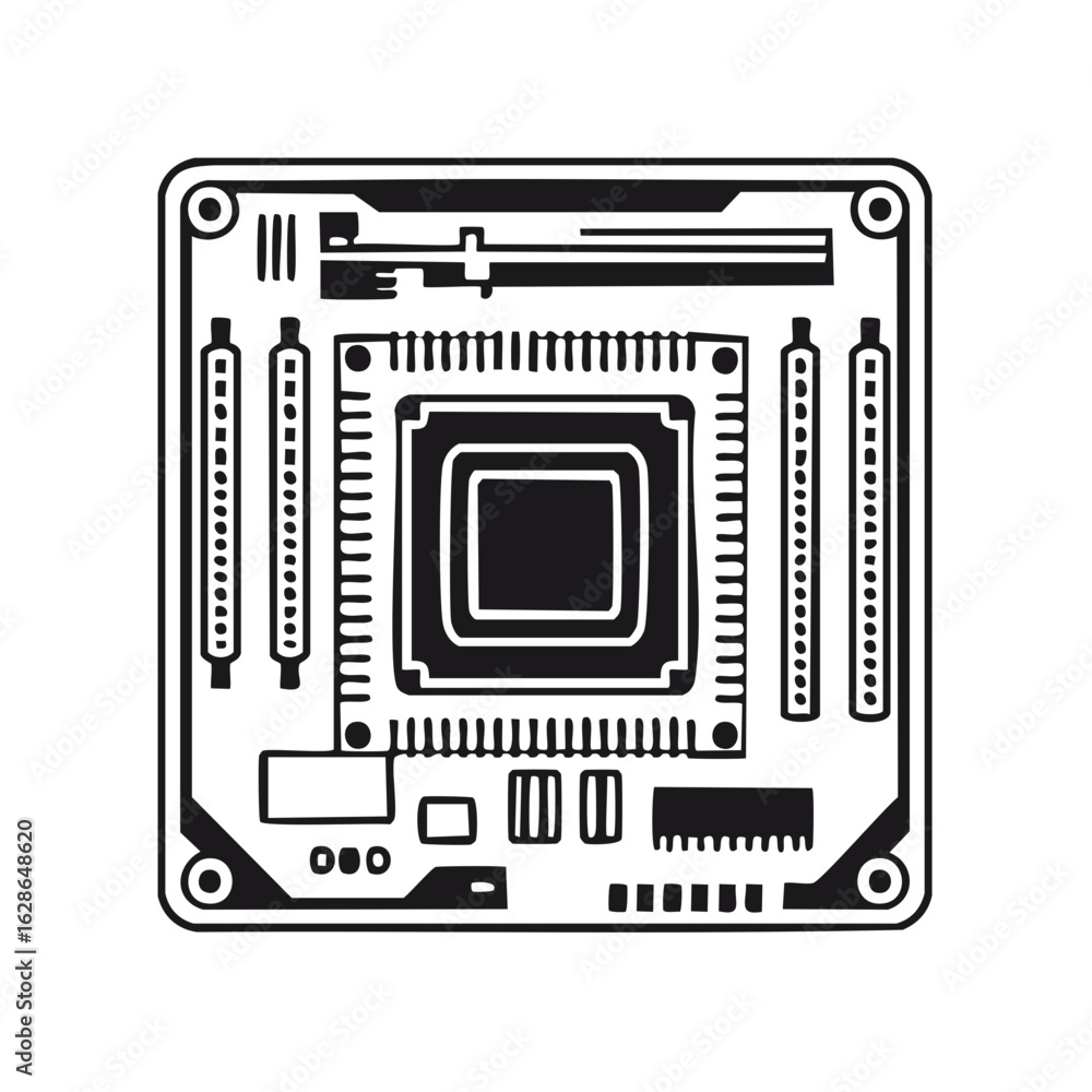 Poster computer motherboard with central processor unit icon. black and white vector graphic of electronic 