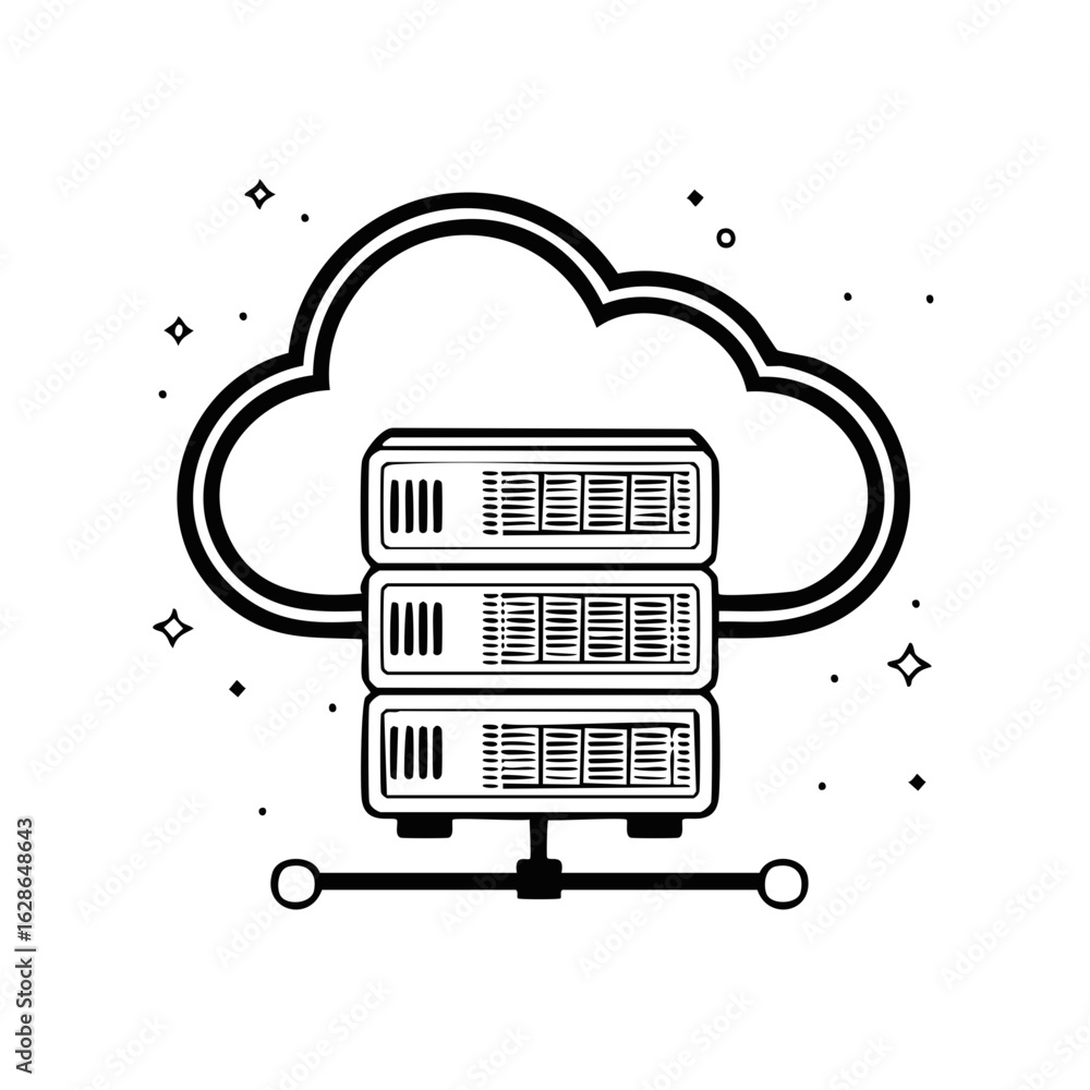 Poster cloud data servers stacked with network hub connecting to modern digital storage