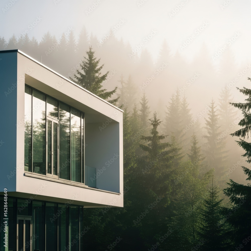 Poster modern architecture home in a foggy forest, blending modern design with nature. the minimalist desig