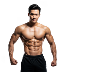 Muscular asian man with perfect abs showing his physique, isolated on transparent background