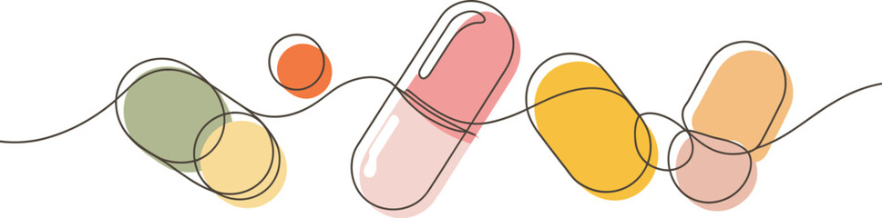 Continuous Line Drawing of Colorful Pills and Capsules, Isolated Medical Treatment