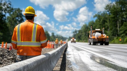 Engineer civil research Concept. Construction worker overseeing roadwork on a sunny day with machinery in the background.