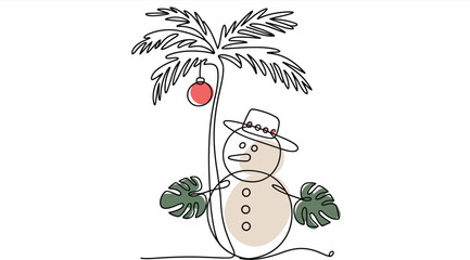 Minimalist Line Drawing of a Festive Snowman Under a Palm Tree with Christmas Ornament